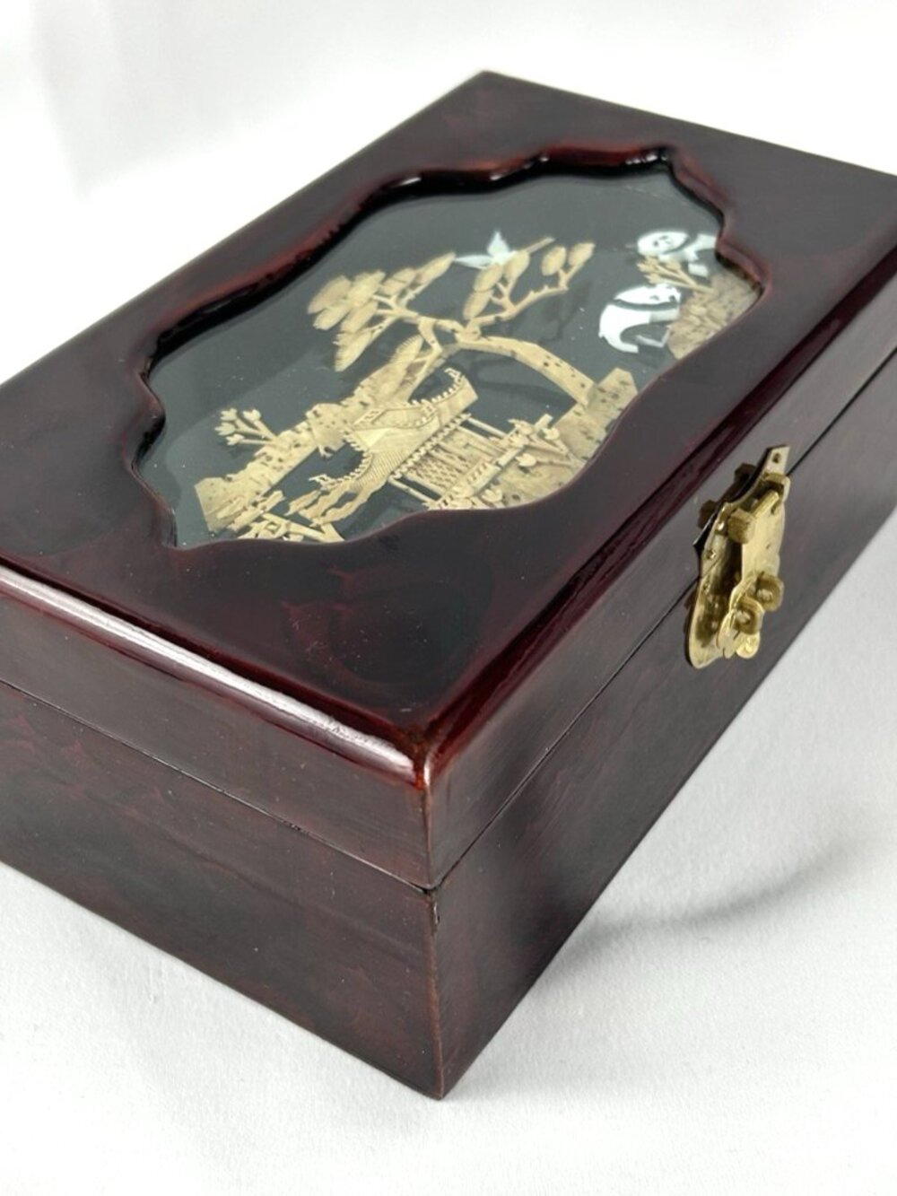 Chinese Jewelry Box Cork Art Panda Diorama Brown Lacquer Landscape